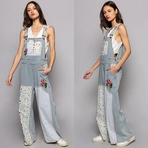 NWT POL Stripe Denim Embroidery Floral Patchwork Wide Leg Overall Jumpsuit